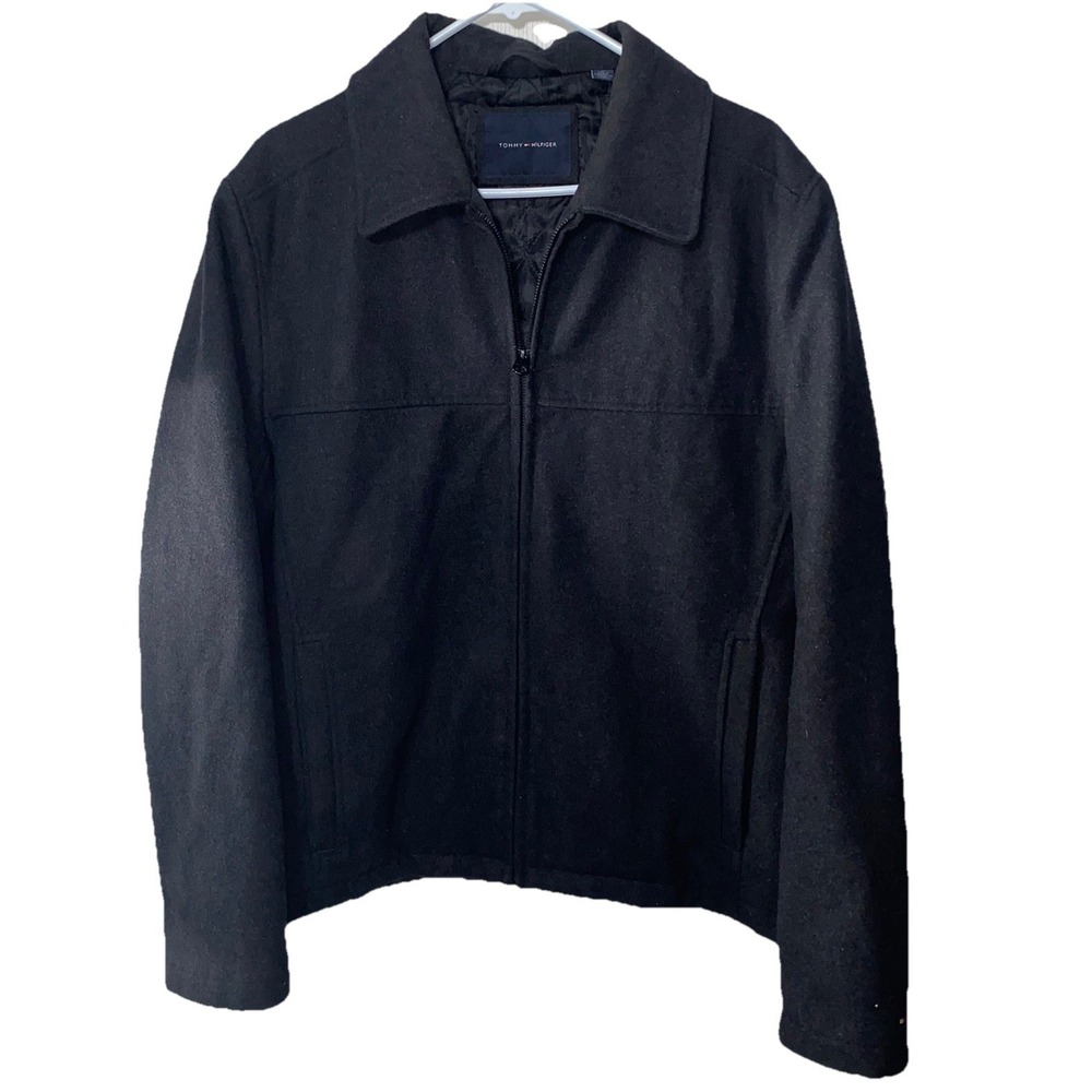 TOMMY HILFIGER Men's Coat Front Zip, 60% Wool, Quilted Lining Outerwear Black M